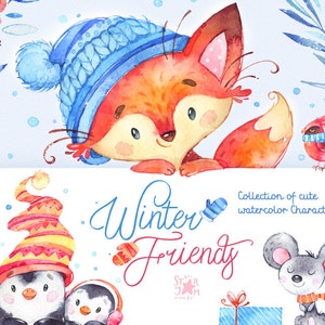 Amis d’hiver. Collection d’aquarelle Personnages, pingouin, renard, mitaine, foulard, ours, oiseaux, souris, carte, bricolage, Noël, joyeux, vacances