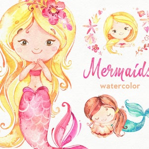 Mermaids. Watercolor clipart, sea, girls, magic, fairytale, nautical, underwater, ocean, pink, paper doll, shells, babyshower, birthday