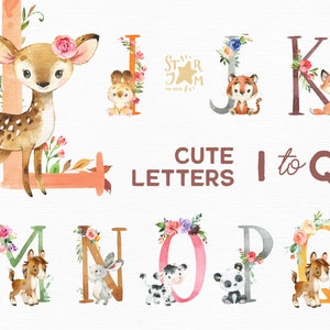 Lindas cartas con animales I-Q. Imágenes prediseñadas de acuarela, creador de nombres, flores, flores, monograma, baby-shower, tarjeta, salvaje, bebé, guardería.