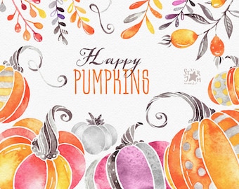 Happy Pumpkins. Watercolor clipart, halloween, thanksgiving, fall, autumn, harvest, greeting, invite, floral, print, kids, diy, png