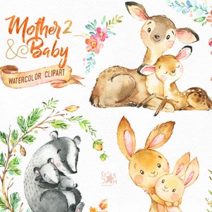 Mother & Baby 2. Watercolor animals clipart, deer, rabbit, badger, greeting, mothers day, invite, floral, wreath, card, berries, baby-shower