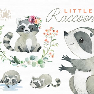Kleine wasbeer. Dieren aquarel clip art, bloemen, bos, bos, krans, schattig, leuk, baby-douche, bossen, wild, bos, baby, kwekerij