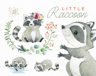 Little Raccoon. Animals watercolor clip art, florals, woodland, forest, wreath, cute, fun, baby-shower, woods, wild, forest, baby, nursery