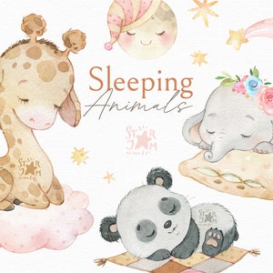 Animales durmientes. Clipart de acuarela, jirafa, panda, africano, elefante, almohada, luna, safari, selva, mono, estrellas, nube, sueño, guardería