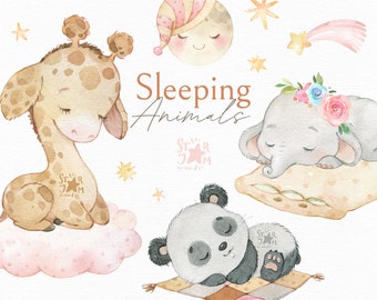 Sleeping Animals. Watercolor clipart, giraffe, panda, African, elephant, pillow, moon, safari, jungle, monkey, stars, cloud, dream, nursery