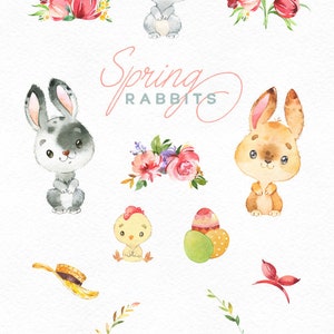Spring Rabbits. Watercolor clipart, bunny, child, girl, boy, Easter, floral, tulips, nice, flowers, kids, baby, baby-shower, wreath, eggs image 2