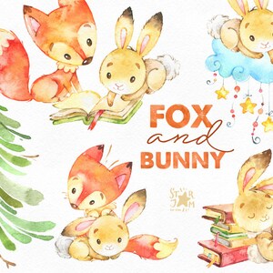 Raposa e Coelho. Clipart de animais fofos, aquarela, amigos, floresta, floresta, livros, floral, saudação, convite, chá de bebê, crianças, abeto, fxbn
