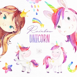 Unicornio arco iris. Imágenes prediseñadas mágicas de acuarela, rosa, arco iris, niñas, princesa, estrellas, glamour, flores, niños, guardería, nacido en bebé, baby shower