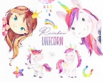 Rainbow Unicorn. Watercolor magic clipart, pink, rainbow, girls, princess, stars, glamour, flowers, kids, nursery, baby-born, baby-shower