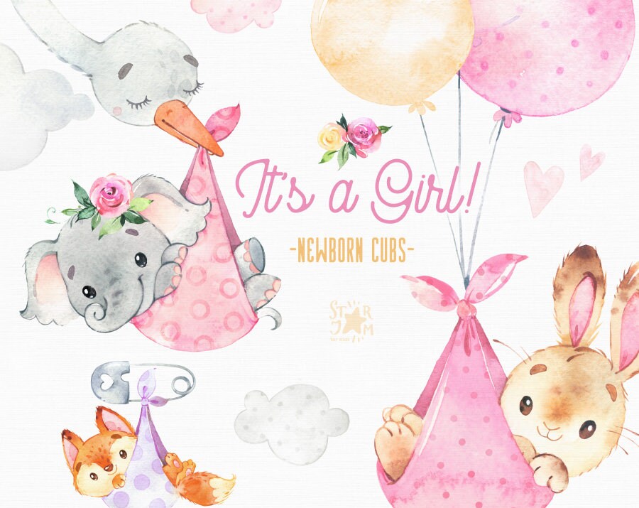 It's a Girl Newborn Cubs Watercolor little animal clipart | Etsy