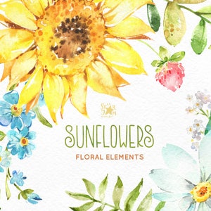 Sunflowers. Separate Elements. Watercolor floral clipart, flowers, summer, leaf, green, yellow, sunny, leaves, frames, greeting, babyshower