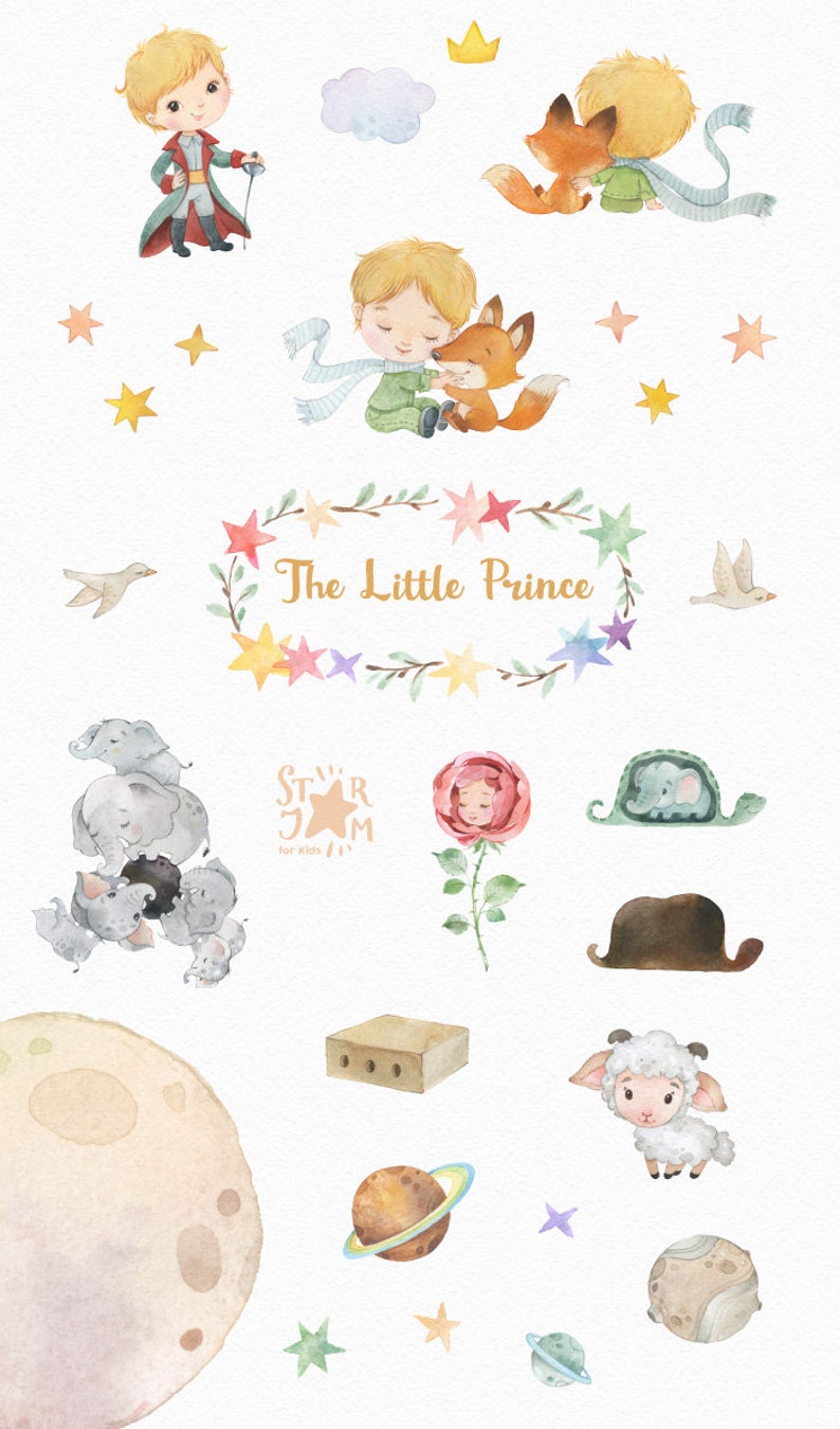 The Little Prince. Watercolor hand-painted clipart, party, birthday, gallery, printable, nursery, gift for little boy, fox, friends image 2