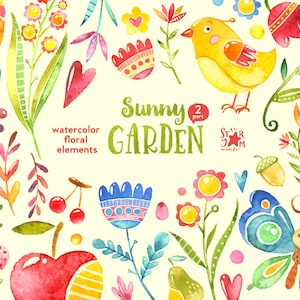 2 Giardino soleggiato. 52 Elementi floreali, clipart ad acquerello, fiori, fiesta, biglietto di auguri, messicano, inviti, bambino, asilo nido, uccelli,