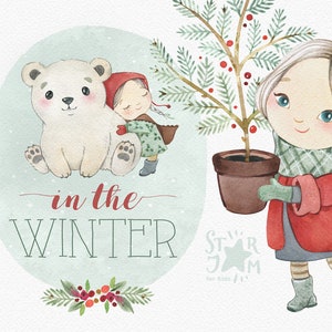 In inverno. Natale acquerello clip art, bambina, orso, ghirlanda, cornice, fiori, alberi, carte, albero, foresta, vacanza, neve,