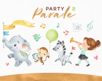 Parata del partito 2. Acquerello clipart, ragazza, animali, elefante, zebra, scimmia, palloncini di compleanno, saluto, festival, africano, musica, bambino