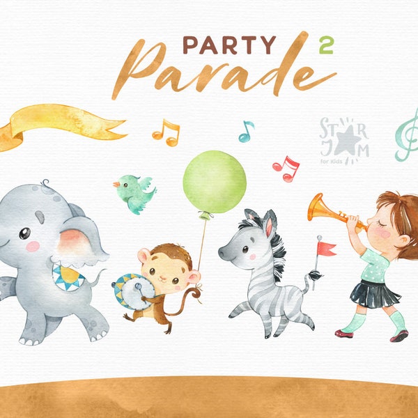 Partyparade 2. Aquarell Clipart, Mädchen, Tiere, Elefant, Zebra, Affe, Geburtstagsballons, Gruß, Festival, Afrika, Musik, Baby