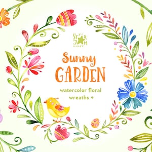 Giardino soleggiato. Corone, clipart ad acquerello, fiori, biglietto di auguri, fai da te, decorazione, bambino, bambini, uccelli, babyshower, citazioni, wallart