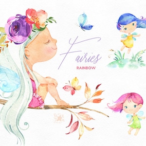 Hadas del arco iris. Imágenes prediseñadas mágicas de acuarela, niñas, pelos, setas, bosque, cuento de hadas, flores, floral, guardería, bebés, baby-shower