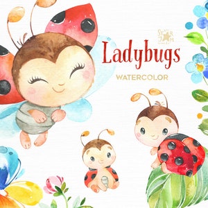Coccinelle. Piccoli animali acquerello clipart, fiori, foglie, rosso, nursery art, baby-shower, floreali, margherita, saluto, bambini, insetti, carino, fai da te