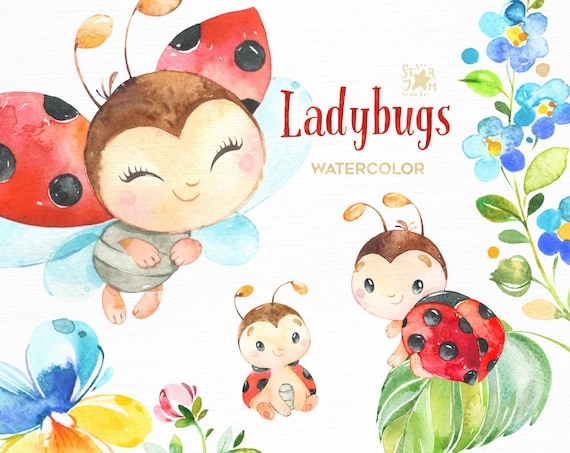 Ladybugs. Little Animals Watercolor Clipart Flowers Leaves - Etsy