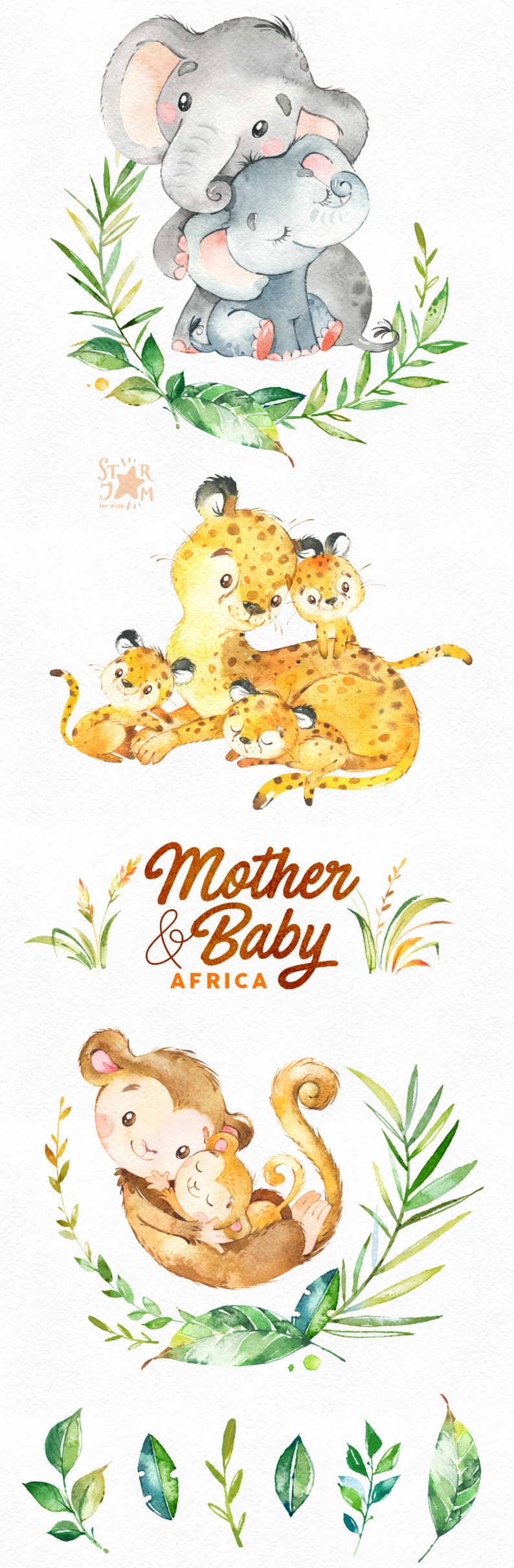 Watercolor animals clipart babyshower greeting cheetah kids wreath monkey floral family Africa Mother /& Baby elephant invite