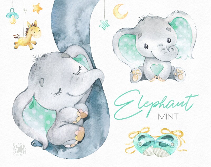 Elephant Baby Mint. Watercolor little animal clipart, africa, neutral boy girl green booties bib family sleep, baby-born, baby-shower, love