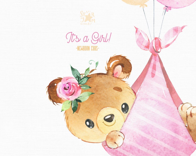 It's a Girl Newborn Cubs Watercolor little animal clipart Elephant Bear Giraffe Raccoon Bunny Fox baby stork, balloon, birthday baby-shower image 4