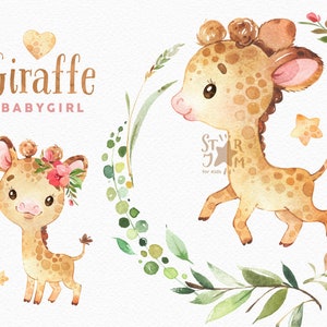 Giraffe Babygirl. Aquarell Tiere Clipart, Afrika, Gruß, Blumen, Kranz, Einladung, Safari, Blätter, Baby, Baby-Dusche, niedlich, Kinder