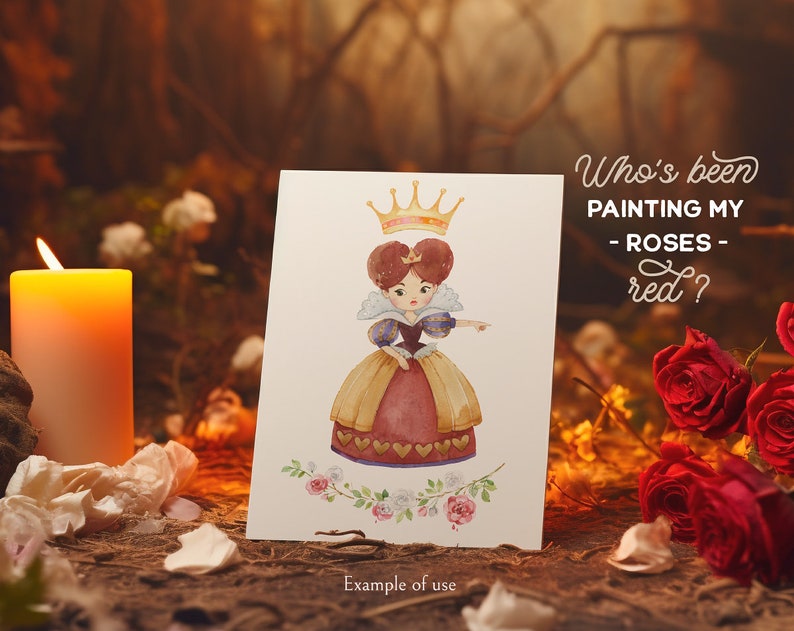 Alice in Wonderland 2. Watercolor clipart, Queen of Hearts, flamingo, fairytale, Roses, magic, Alice's clipart, decoration for party, png image 3