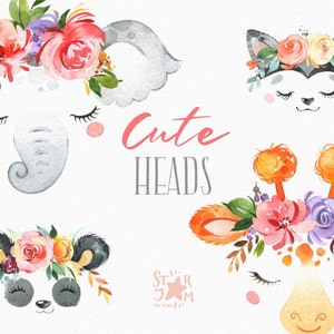 Cute Heads. Watercolor clipart, Mask, Elephant, Giraffe, Panda, Raccoon, child, girl, floral crowns, nice, flowers, kids, baby, baby-shower