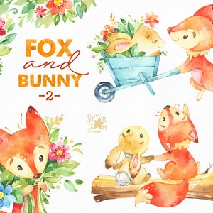 Fuchs und Hase 2. Freunde und Blumen, Aquarell, Tier Clipart, niedlich, Wald, Sterne, geblümt, Babyshower, Kinder, Sträuße, fxbn