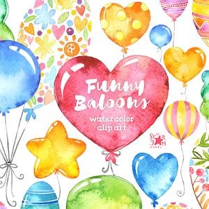 Balões engraçados. Clipart aquarela, cartão de felicitações, faça você mesmo, decoração, festa, alegre, feriado, coração, estrela, bolas, flores, aniversário, dia de brincar, festa