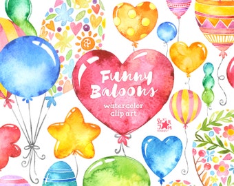 Funny Baloons. Watercolor clipart, greetings card, diy, decor, party, merry, holiday, heart, star, balls, flowers, birthday, playday, feast