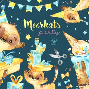 Suricatos. Festa. Clipart de animais em aquarela, pequenos suricatos, aniversário, celebração, diversão, feriado, amor, convites, floral, presente, chá de bebê