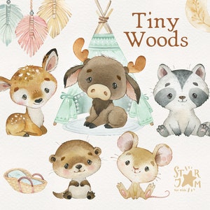 Klein bos. Schattige dieren aquarel clipart, elanden, herten, Tipi, bos babyshower, afdrukbare dieren, eerste verjaardagsfeestje, uitnodiging