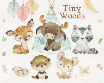 Tiny Woods. Cute animals watercolor clipart, moose, deer, teepee, woodland baby-shower, printable animals, first birthday party, invitation