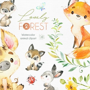 Precioso bosque 2. Pequeños animales imágenes prediseñadas, acuarela, zorro, cerdo salvaje, oso, conejo, mapache, flores, coronas, babyshower, bosque