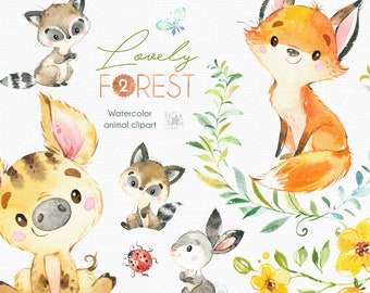 Precioso bosque 2. Pequeños animales imágenes prediseñadas, acuarela, zorro, cerdo salvaje, oso, conejo, mapache, flores, coronas, babyshower, bosque