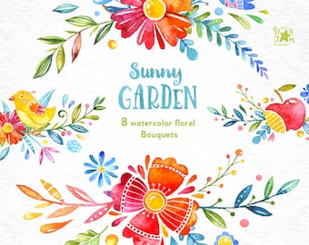 Sunny Garden. Bouquets, watercolor clipart, floral, greeting, diy, invite, baby, colorful, birds, babyshower, quotes, wallart, spring