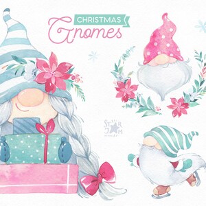 Natale Gnomi Luce 2 Acquerello clipart, Nordico, Scandinavo, fiori, inverno, ragazza, neve, fiaba, vacanza, natale, cartoline, ghirlanda