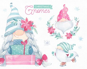 Christmas Gnomes Light 2 Watercolor clipart, Nordic, Scandinavian, flowers, winter, girl, snow, fairytale, holiday, xmas, cards,  wreath
