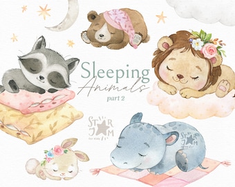 Sleeping Animals 2. Watercolor clipart, lion, bear, bunny, hippo, raccoon, pillows, moon, safari, bird, stars, clouds, dream, png, nursery