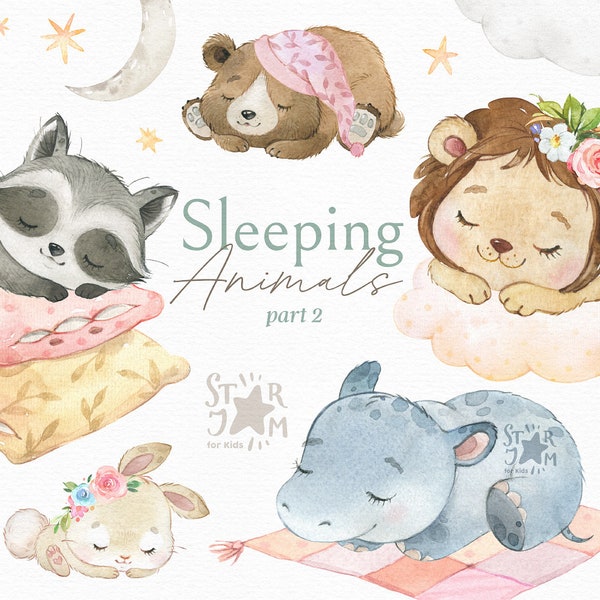 Sleeping Animals 2. Watercolor clipart, lion, bear, bunny, hippo, raccoon, pillows, moon, safari, bird, stars, clouds, dream, png, nursery