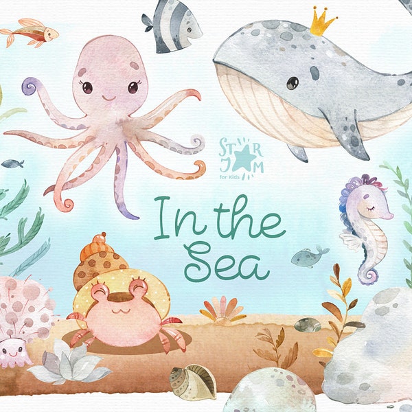 Im Meer. Aquarell Clipart, Krake, Wal, Unterwasser, Seepferd, Muschel, Seegras, Fisch, Ozean, Unterwasser, Aquarium, Baby-Shower, Kinderzimmer