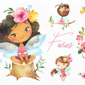 Fairies. Watercolor magic clipart, girls, dark skins, blonde, bath, wings, forest, fairytale, flowers, kids, nursery, baby-born, baby-shower
