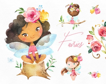 Fairies. Watercolor magic clipart, girls, dark skins, blonde, bath, wings, forest, fairytale, flowers, kids, nursery, baby-born, baby-shower