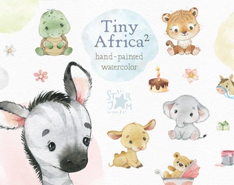 Tiny Africa 2. Cute Animals Watercolor clipart, baby-born elephant, zebra, camel, safari animals png, birthday clip art, baby-shower decor