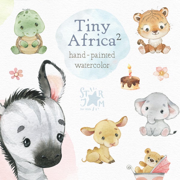 Tiny Africa 2. Cute Animals Watercolor clipart, baby-born elephant, zebra, camel, safari animals png, birthday clip art, baby-shower decor