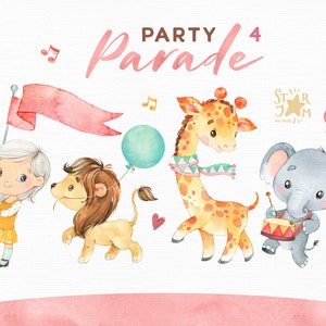 Parata del partito 4. Acquerello clipart, ragazza, animali, giraffa, elefante, leone, palloncini di compleanno, saluto, festival, africano, musica, bambino