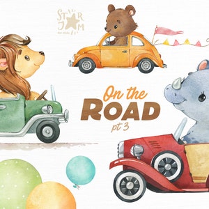 On The Road pt.3 Clipart de animais em aquarela, carro, viagem, caminho, leão, urso, rinoceronte, motorista, corrida, balão de ar, pista, vintage, safari, festa